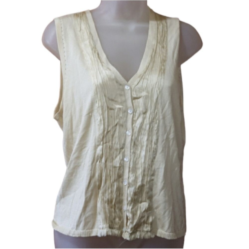 Calvin Klein Cream Pleated Yolk 100% Silk  Button Down Tank Top M